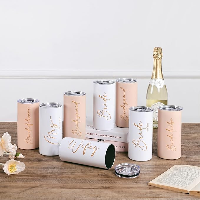 Bridesmaid Gifts Bridesmaid Proposal Gifts Bachelorette Cups Wedding Party Favors Stainless Steel Insulated Skinny Tumbler with Lid and Straw 15 OZ Pink