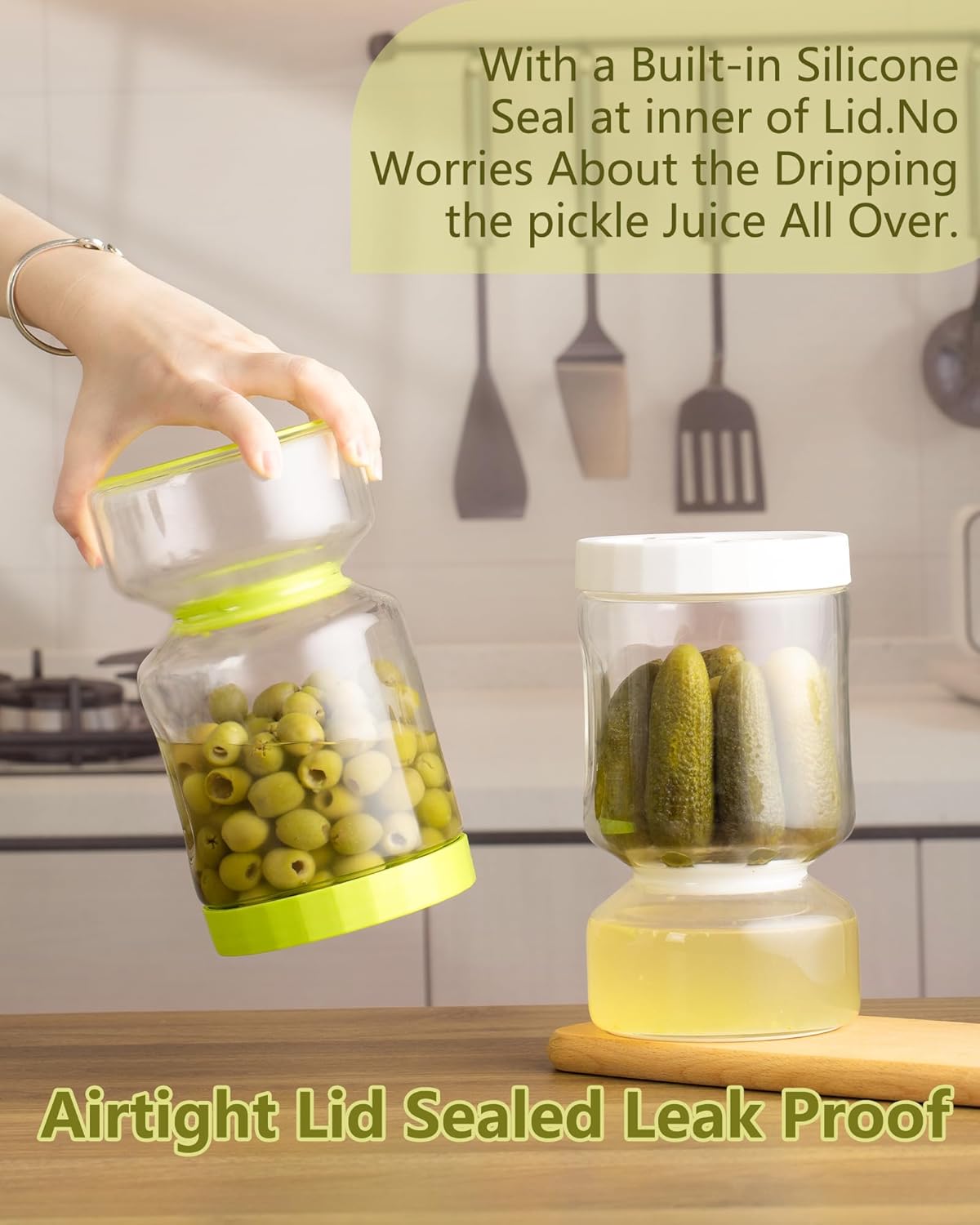 ZENS Glass Pickle Jar with Strainer Flip, 2 Pack Pickle Container Olive Hourglass Jars, Airtight Pickle Juice Separator from Wet and Dry, Pickles Storage Jar 51oz-Green & White