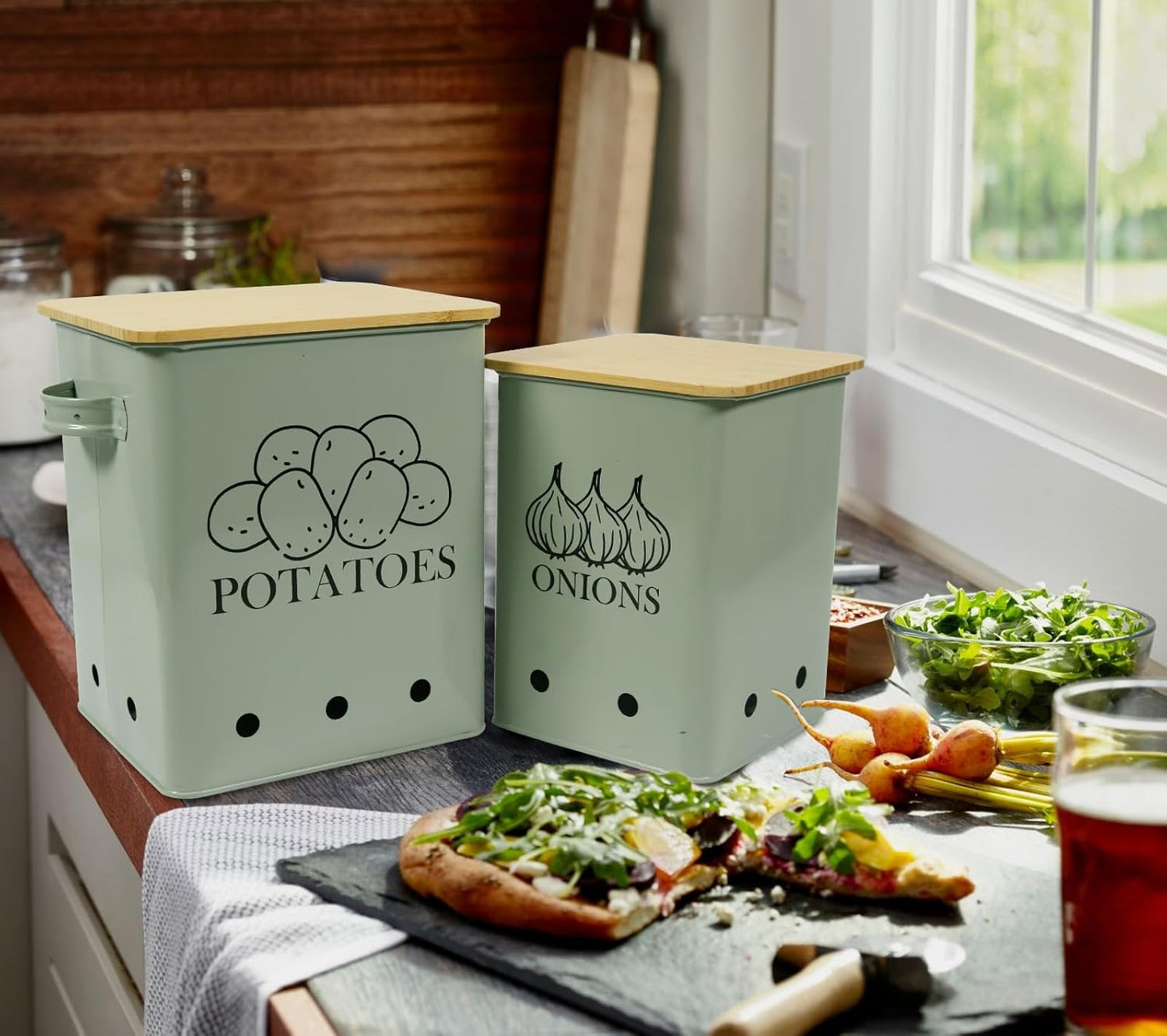 Kitchen Vegetable Storage Tins Set of 2 for Potatoes, Onion, with wooden lid Garlic Bin Caddy, Long Shelf Life-Grayish Green