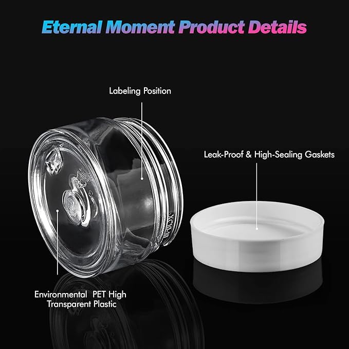 50 Pack 1 OZ Plastic Jars Round Clear Cosmetic Container Jar with White Lids, Eternal Moment Plastic Slime Jars for Lotion, Cream, Ointments, Makeup, Eye shadow, Rhinestone, Samples, Travel Storage