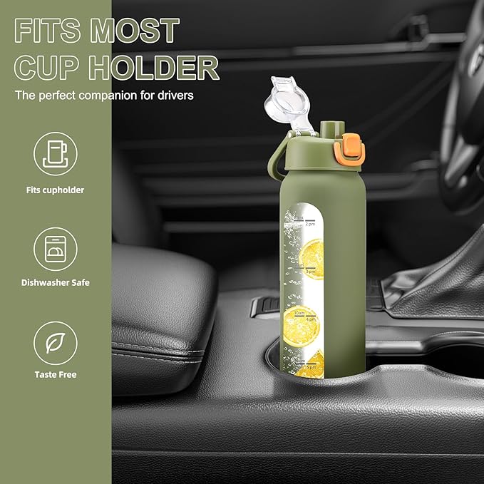chunmo 24 oz Glass Water Bottles with 2 Lids-Handle Spout Lid & Straw Lid, Motivational Water Bottle with Time Marker and Silicone Sleeve,Leakproof-Army Green-1 Pack