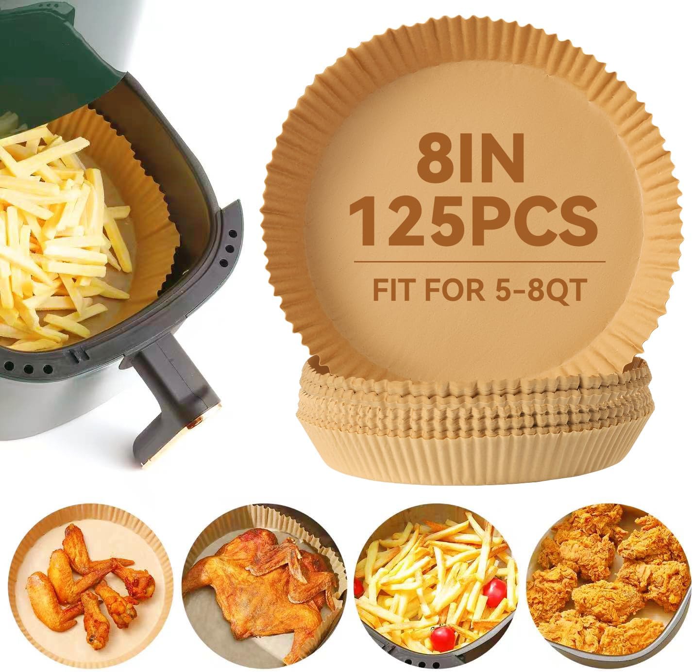 125Pcs 8 inch Round Disposable Air Fryer Parchment Liners-Non-Stick Parchment Sheets for Air Fryer Basket Microwave – Oil-proof, Water-proof, Effortless Cleanup for Baking