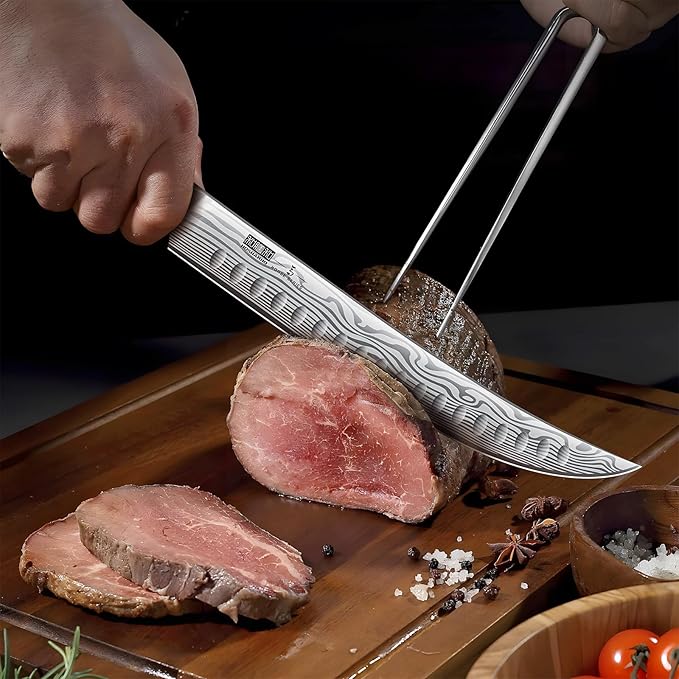 HOSHANHO Carving Kinfe 10 Inch, Forged High Carbon Powder Steel Butcher Breaking Knife, Razor Sharp Curved Brisket Slicing Kinfe for BBQ & Meat Cutting