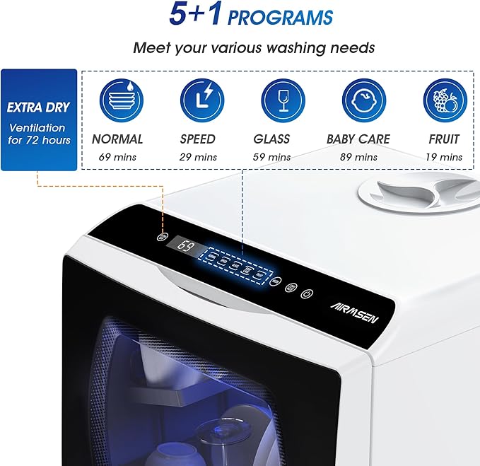 AIRMSEN Portable Countertop Dishwashers, 5 Washing Programs Mini Dishwashers with 5 L Built-in Water Tank and Double-layered Glass Door, No Hookup Needed for Home, Apartments & RVs