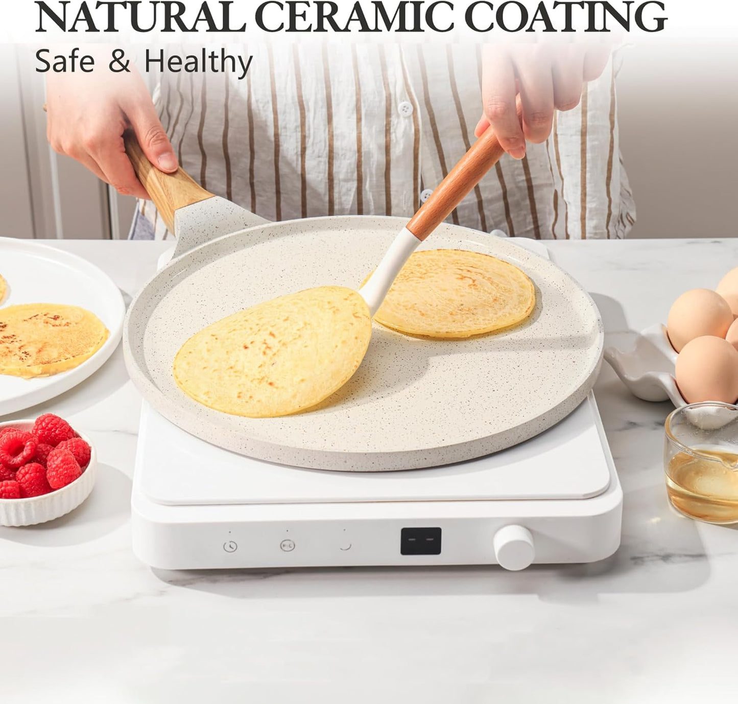 SENSARTE Nonstick Crepe Pan with Spreader, 10-Inch Natural Ceramic Coating Dosa Pan Pancake Flat Skillet Tawa Griddle with Stay-Cool Handle, Induction Compatible (White)