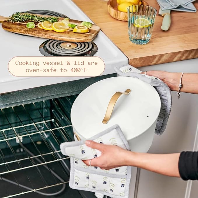 10-in-1 Electric Multi-Cooker by Drew Barrymore, 6-quart, digital display, 10 cooking functions, non-stick pot, easy one-touch control (White Icing)