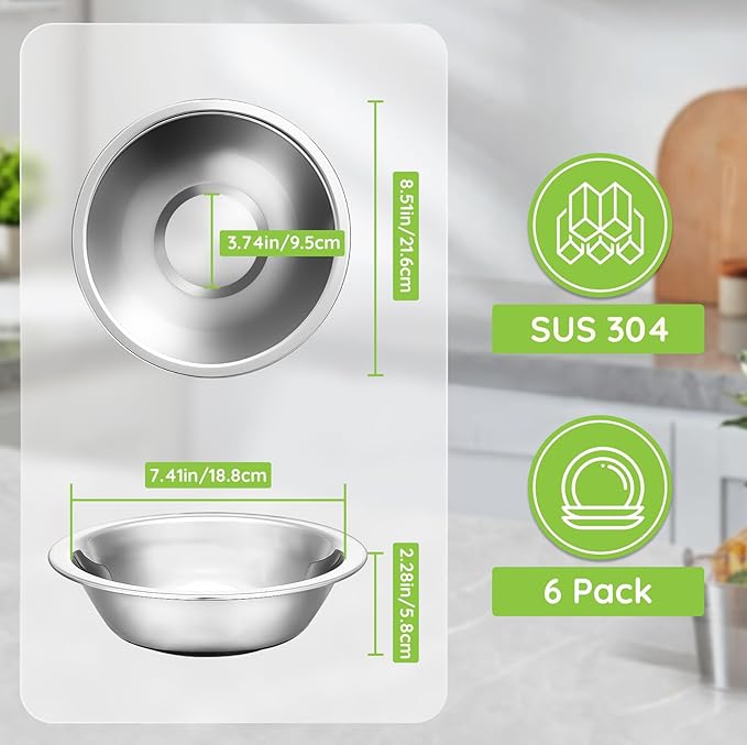 304(18/8) Stainless Steel Mixing Bowls for Kitchen, 6 Pack 8.7" 34.88 fl.oz Metal Mixing Bowls Set Stackable for Baking Serving Cooking Food Prep Storage Dishwasher Safe Lightweight