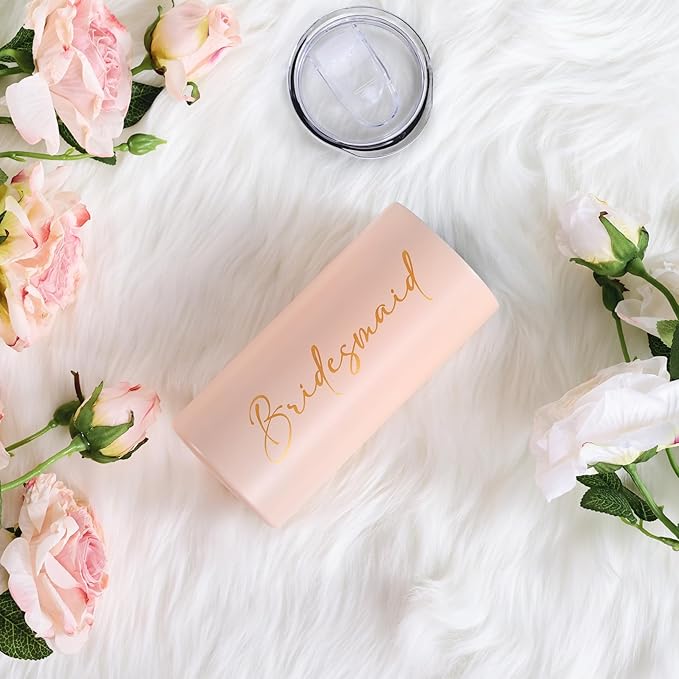 Bridesmaid Gifts Bridesmaid Proposal Gifts Bachelorette Cups Wedding Party Favors Stainless Steel Insulated Skinny Tumbler with Lid and Straw 15 OZ Pink