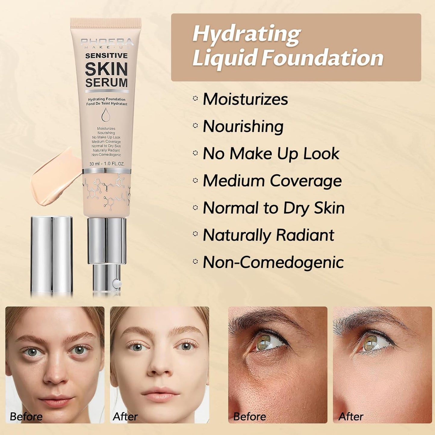 Phoera Foundation Makeup,Flawless Soft Matte Full Coverage with Matte Finish,Hydrating Serum Foundation,Face Makeup for Normal and Dry Skin(N03 Buff Beige, 1PC)