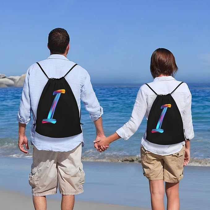 Drawstring Bags Initial Drawstring Backpack Sackpack Black Draw String Cinch Bags for Sports, Gym, Travel, Swimming, Beach, Camping, Rainbow Letter I