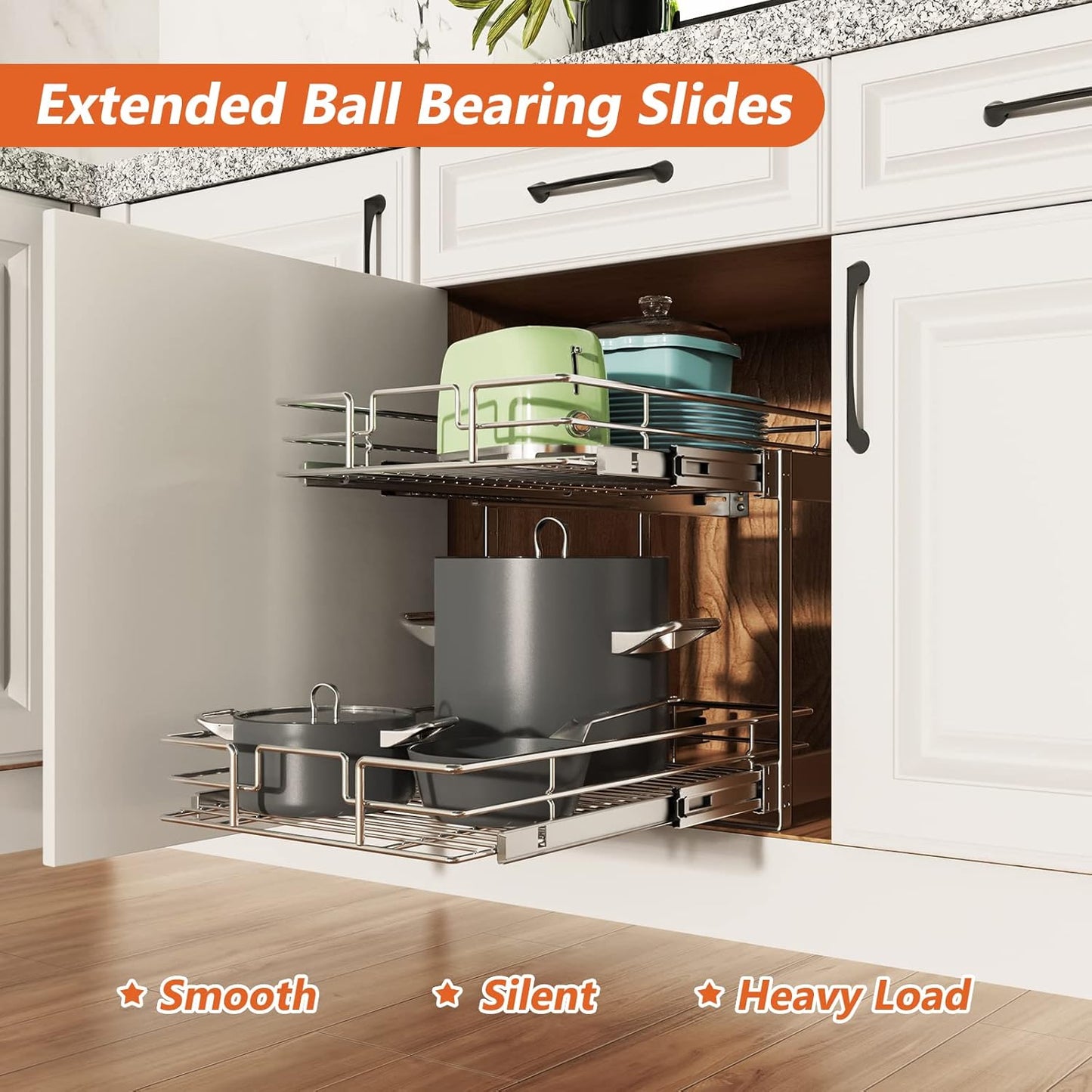 ROOMTEC Individual Pull Out Cabinet Organizer (20" W x 21" D), 2 Tier Spice Rack Organizer for Cabinet, Slide Out Drawer Pantry Shelf Organization and Storage for Kitchen Bathroom