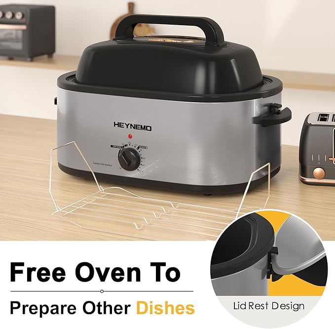 24 Quart Electric Roaster Oven with Visible & Self-Basting Lid, Large Turkey Roaster with Defrost Warm Function, Adjustable Temperature, Removable Pan Rack, Stainless Steel