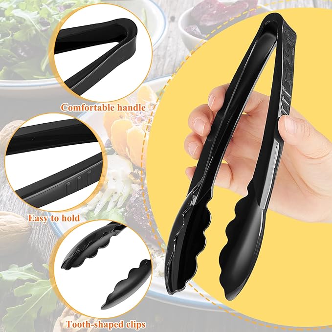 Tessco for you 80 Pcs Plastic Tongs for Serving Bulk, 9 Inch Plastic Disposable Serving Tongs Heavy Duty Salad Utensils for Kitchen Buffets BBQ Events Catering (Black)