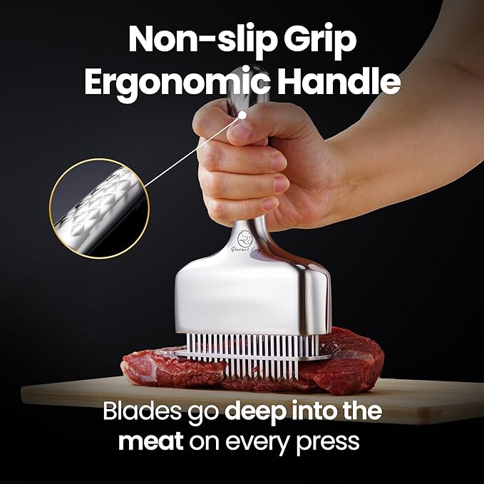 Meat Tenderizer Tool – Hassle Free Extra Long Handle, Rustproof One-Piece Meat Tenderizer Mallet & Hammer, Stainless Steel Blade Needle, Steak Cooking Accessories, No Assembly Needed, 5-Year Warranty