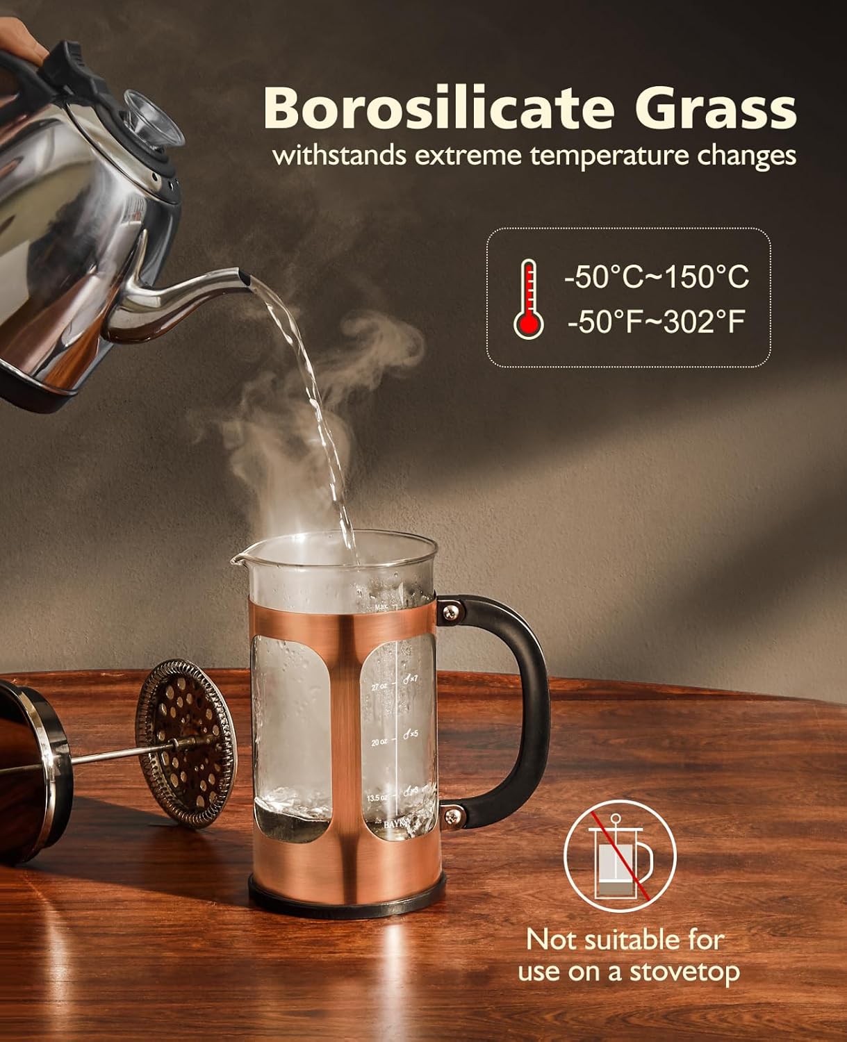 BAYKA 34oz 1 Liter French Press Coffee Maker,Mothers Day Gifts for Mom,Coffee Lover Gift,Heat Resistant Thickened Borosilicate Glass Stainless Steel Brewer,Cold Brew Cafetera Teapot for Kitchen,Copper