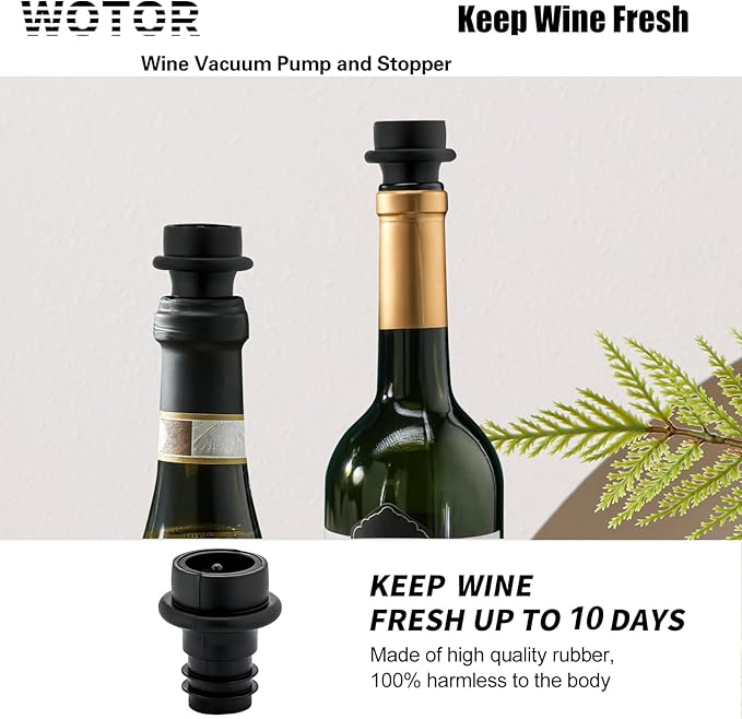 WOTOR Wine Saver Vacuum Pump with 4 Stoppers, Reusable Bottle Sealer Keeps Wine Fresh