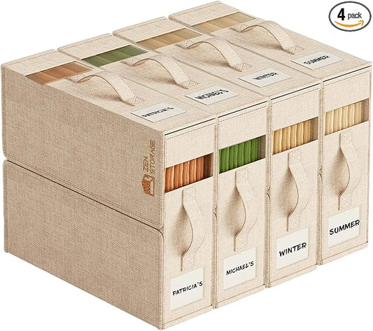 4 Pack Sheet Storage Organizer (King & Queen Size) with handle, Foldable Sheet Set Organizer for Linen Closet, Sheet Organizer for Blanket, Coverlet and Towel, Beige