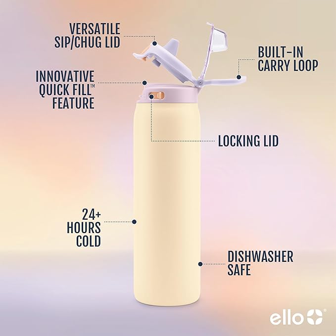 Ello Pop & Fill 40oz Stainless Steel Water Bottle with Quick Fill Technology, Double Walled and Vacuum Insulated Metal, Leak Proof Locking Lid, Sip and Chug, Reusable, BPA Free, Sunset Meadow