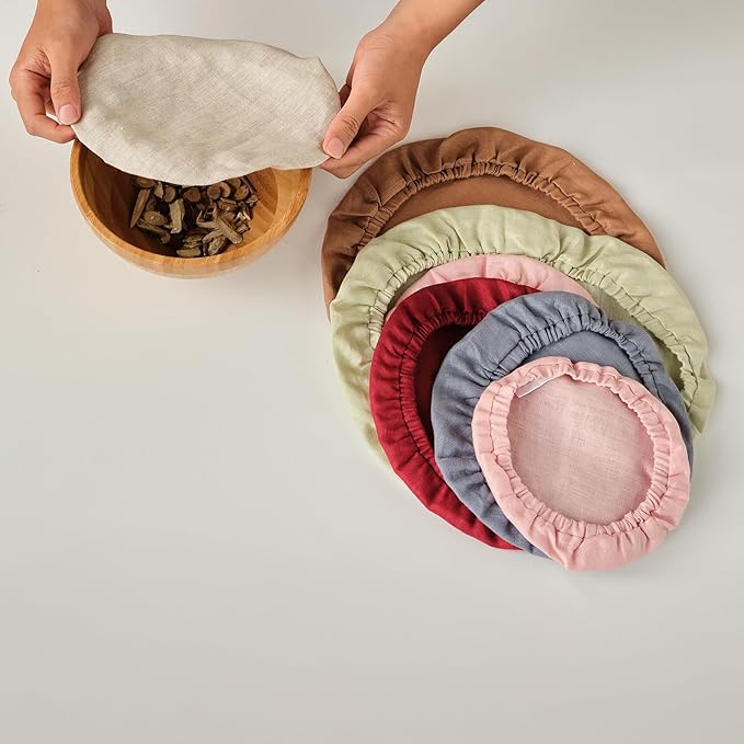100% Pure Linen Bowl Covers For Bread Proofing, 4 Pcs Elastic Reusable Solid Color Cloth Fabric Bowl Covers,XL Organic Washable Large Stretch Sourdough Lids 6 * 8 * 10 * 12 Inches, Brown