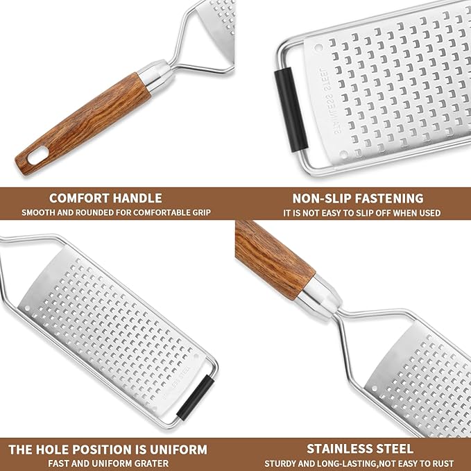 Professional Cheese Grater Stainless Steel,Multi-Purpose Grater With Wood Handle for Cheese, Ginger, Lemon, Garlic, Nutmeg,Fruits,Chocolate & Spices-Wideboard (Slice)