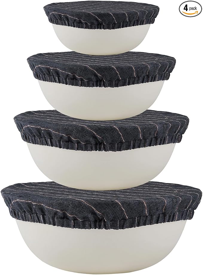 100% Pure Linen Bowl Covers For Bread Proofing, 4 Pcs Elastic Reusable Bowl Covers Large Ticking Striped Cloth Fabric Stretch Sourdough Lids, 6 * 8 * 10 * 12 Inches- Deep Blue