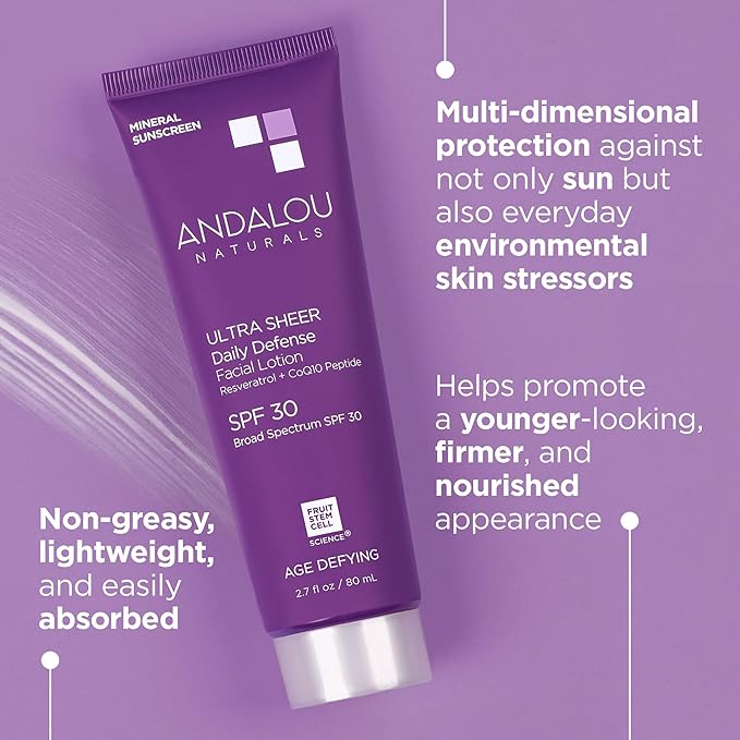 Andalou Naturals Age Defying Face Sunscreen, SPF 30 Zinc Oxide Mineral Sunscreen, Ultra Sheer Daily Defense Face Lotion, Helps Hydrate Skin, Gentle & Lightweight - 2.7 Fl. Oz.