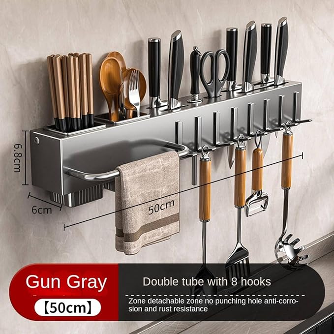 New Multi-Functional Kitchen Rack Home Wall-Mounted Knives Chopstick and Spoon Storage Rack Punch-Free cookware draining Rack, 30, Gray