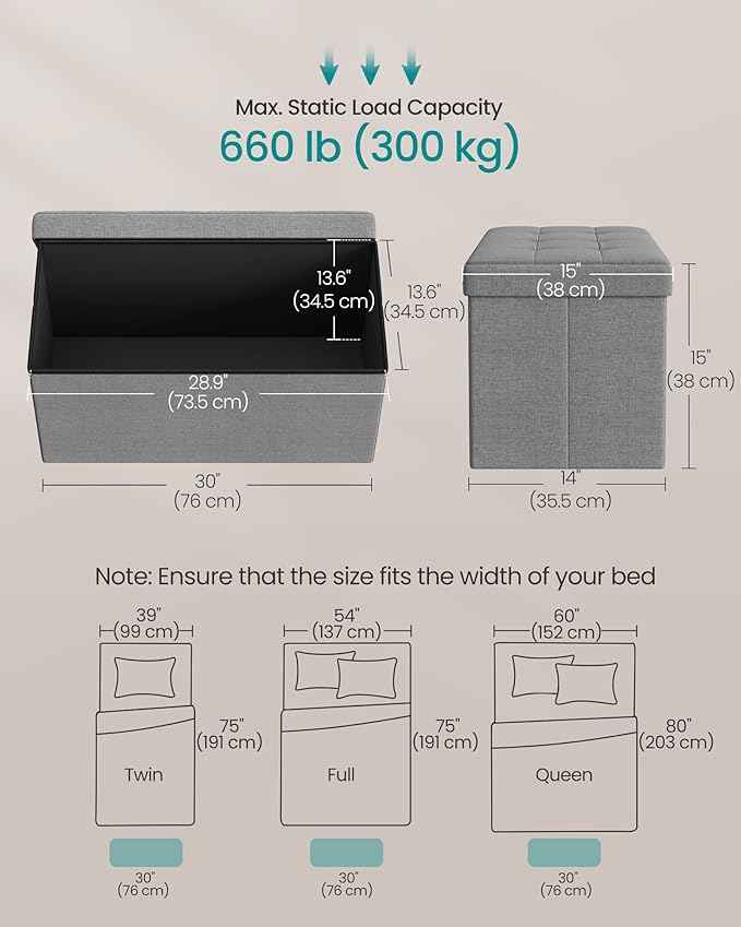 SONGMICS MAZIE Collection - 30 Inches Folding Storage Ottoman Bench, Ottoman Foot Rest, End of Bed Bench, Storage Chest, Load 660 lb, for Living Room, Bedroom, Entryway, Light Gray ULSF47G