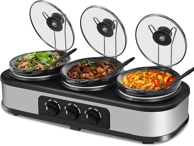 Triple Slow Cooker, 3×1.5 QT Buffet Servers and Warmers, 3 Pots Buffet Slow Cooker Adjustable Temp Lid Rests Stainless Steel Manual Silver for Parties Holidays Families