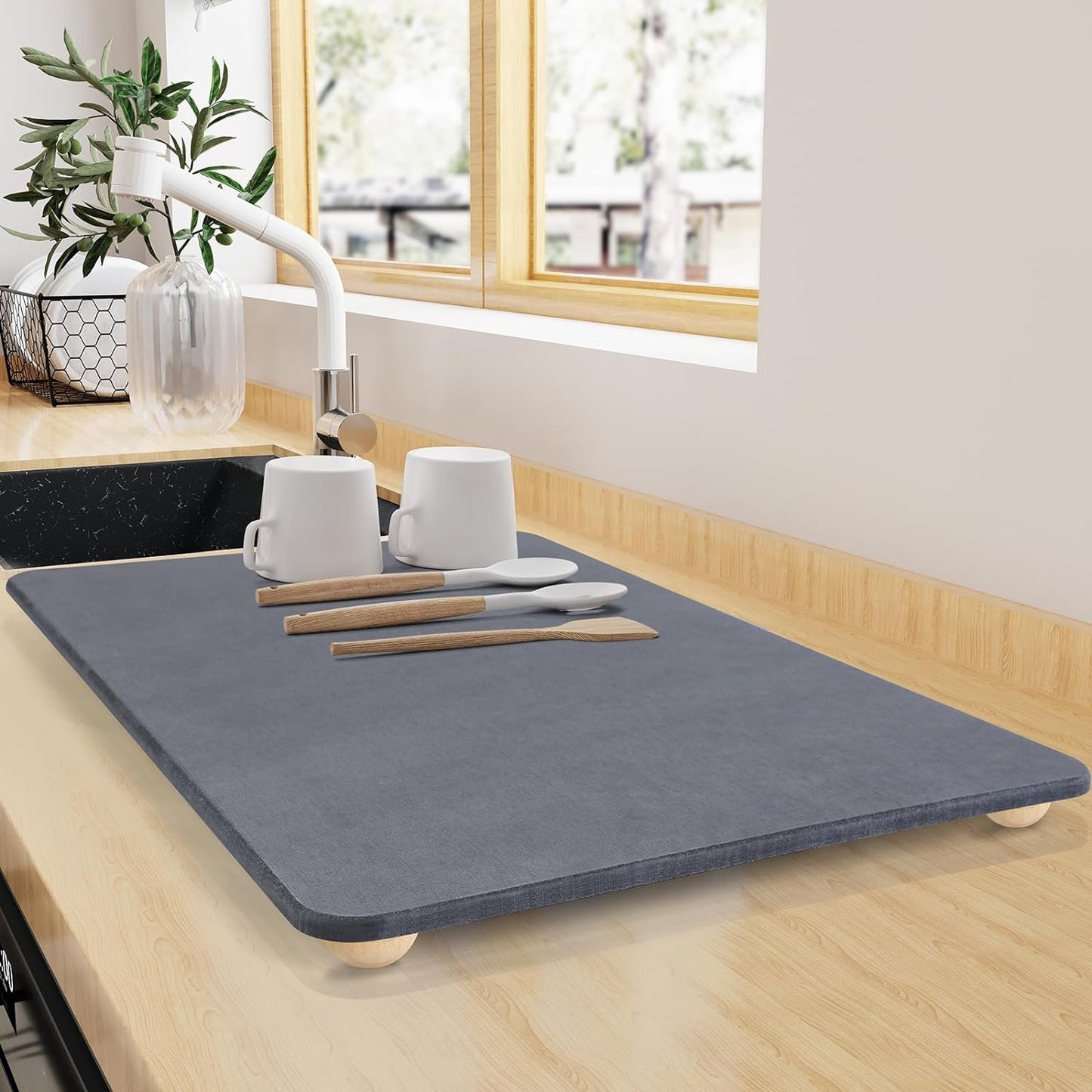 Large Stone Dish Drying Mat for Kitchen Counter, 18"×14" Quick Dry Super Absorbent Eco-Friendly Diatomaceous Earth Stone Mat with hemisphere wooden feet, Non-slip, Heat Resistant, Multi-purpose mats