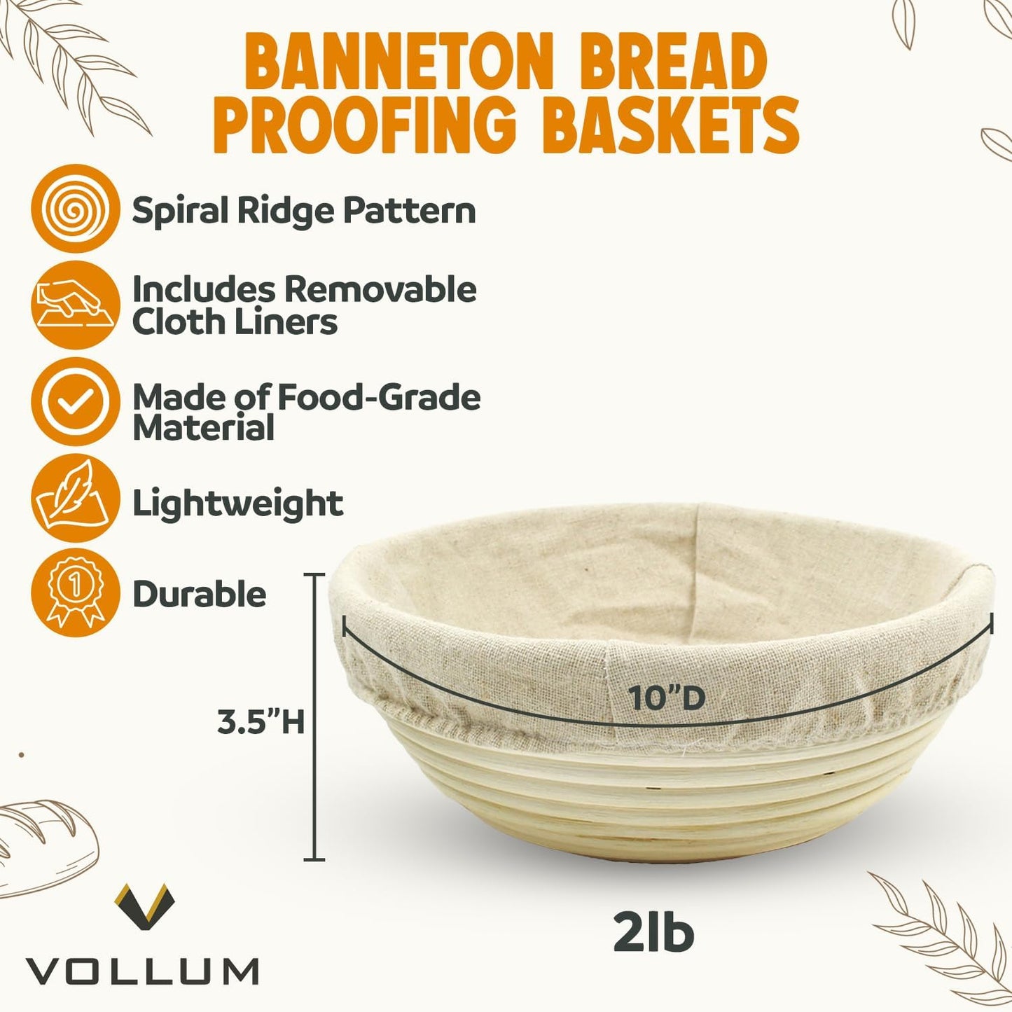 Banneton Bread Proofing Basket Sourdough Proofing Basket for Beginners & Professional Bakers, Handwoven Rattan Cane Bread Maker for Artisan Breads, 10 x 3.5 Inch, 2-Pound Round Brotform