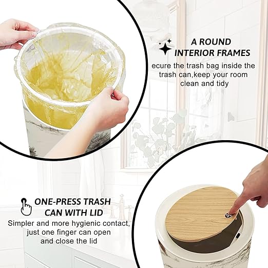 Trash Can with Lid Boho Modern Equestrian Art Vintage Horse Riders Trees Fences Scenes Press Top Round Small Garbage Bin with Wooden Legs Waste Basket for Kitchen Bedroom Nursery 7L/1.8 Gallon