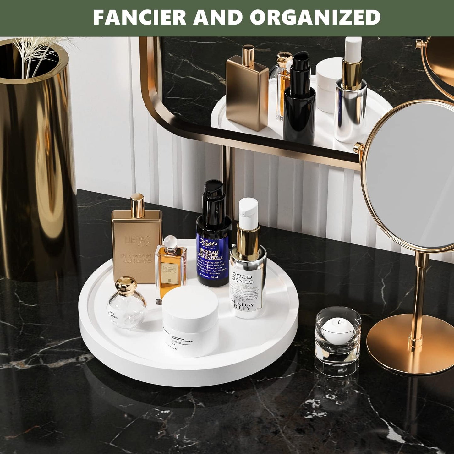 Turntable Vanity Tray 9 Inch for Perfume Candle, Bamboo Kitchen Sink Countertop Organizer for Keep Glass, Sponge and Soap Bathroom Countertop Organizer White