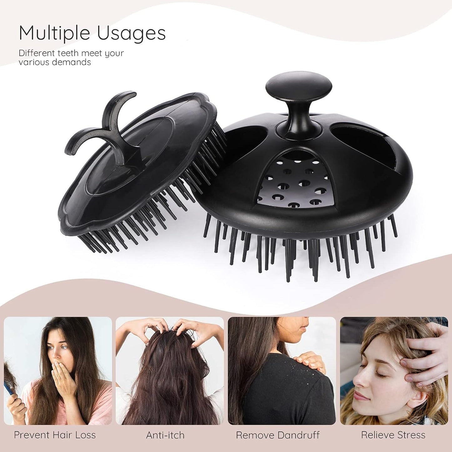 Segbeauty Scalp Massage Brushes, 4 Pcs Shampoo Brush Floriated Shower Comb Long Short Teeth Set, Head Massage Brush for Hair Growth Beard Tidying Pet Grooming Brushes Wet and Dry Scalp Care Black