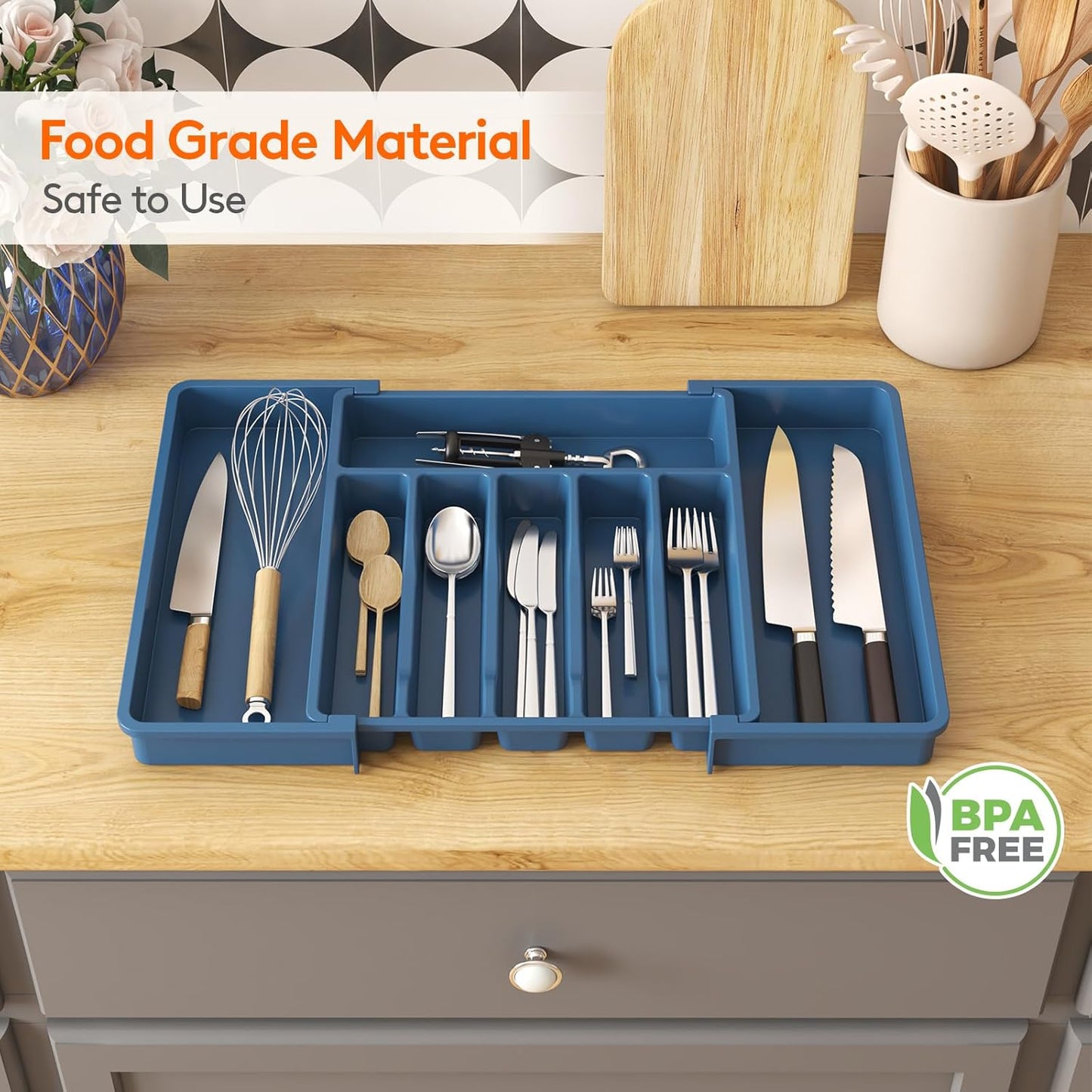 Lifewit Silverware Drawer Organizer, Expandable Utensil Tray for Kitchen, BPA Free Flatware and Cutlery Holder, Adjustable Plastic Storage for Spoons Forks Knives, Large, Dark Blue