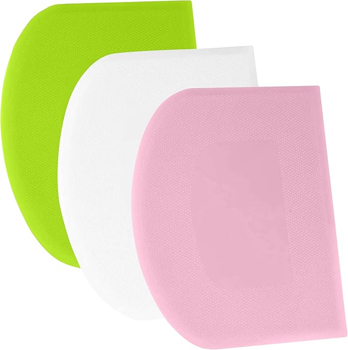 SURDOCA Dough Scraper Bench Scraper - 3P 10.6x6.7" Plastic Flexible Bowl Scraper, Sharp Edge & Angles Cake Scraper. Non-Slip Bakeware Decorating Tools Sculpting & Modeling Tools - Pink+White+Green