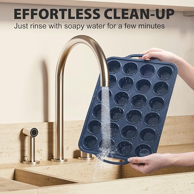 Mini Silicone Muffin Pan with Metal Frame, Non Stick Silicone Cupcake Pan with Handles 24 Cup, BPA Free Silicon Muffin Tin Tray Small for baking, egg bites, Cupcake Mold Grey