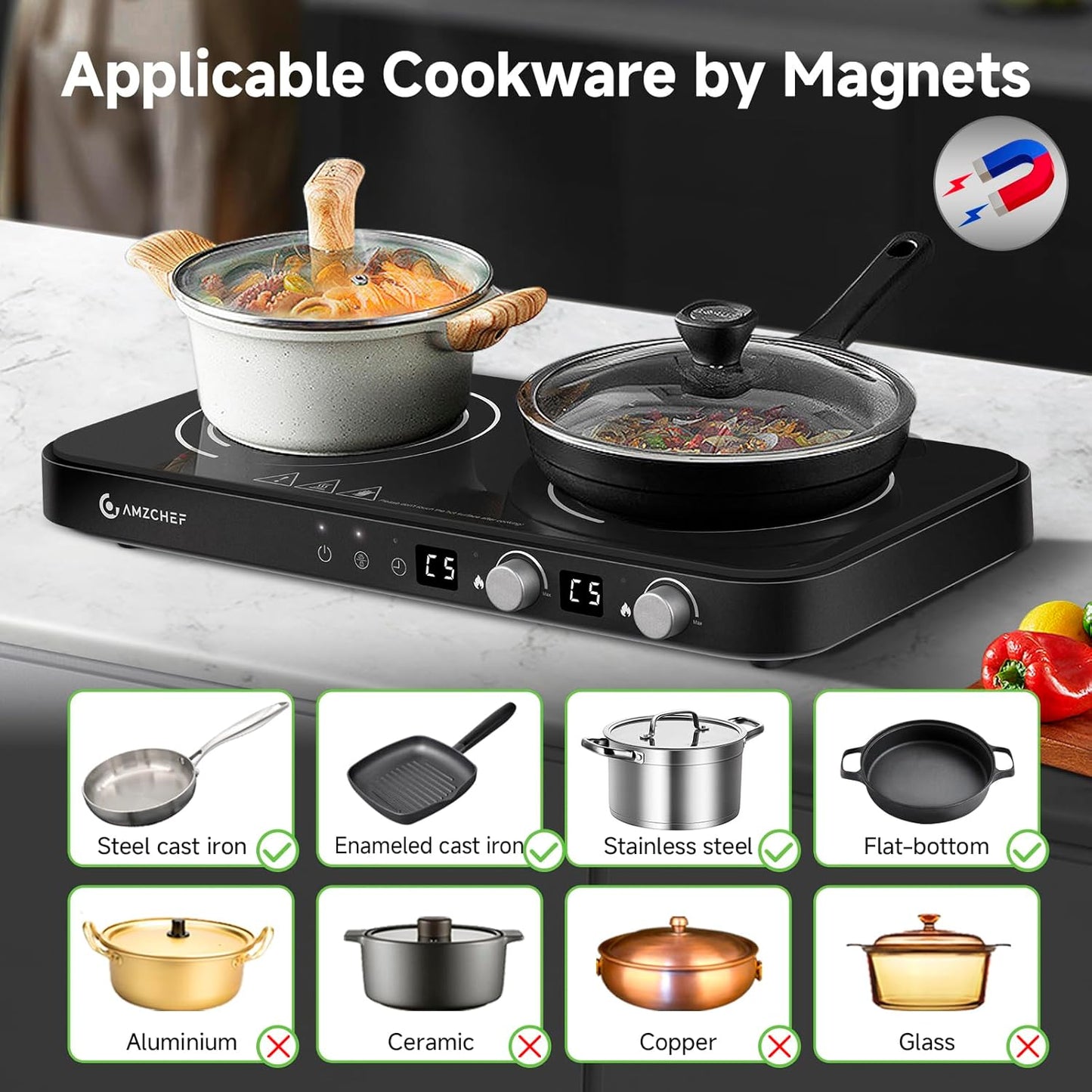 AMZCHEF Double Induction Cooktop with Removable Griddle Pan Non-stick, 1800W 2 burner Portable Induction Stove With Sensor Touch 9 Power Levels, 99 Min Timer, Black