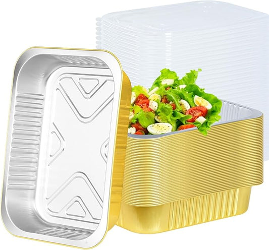 20 Pack 5LB Gold Aluminum Foil Pans with Lids Heavy Duty 11"×8"×2" Foil Food Containers with Lids, Tin Foil Pans for Baking, Meal Prep, Freezer, Heating and Takeout