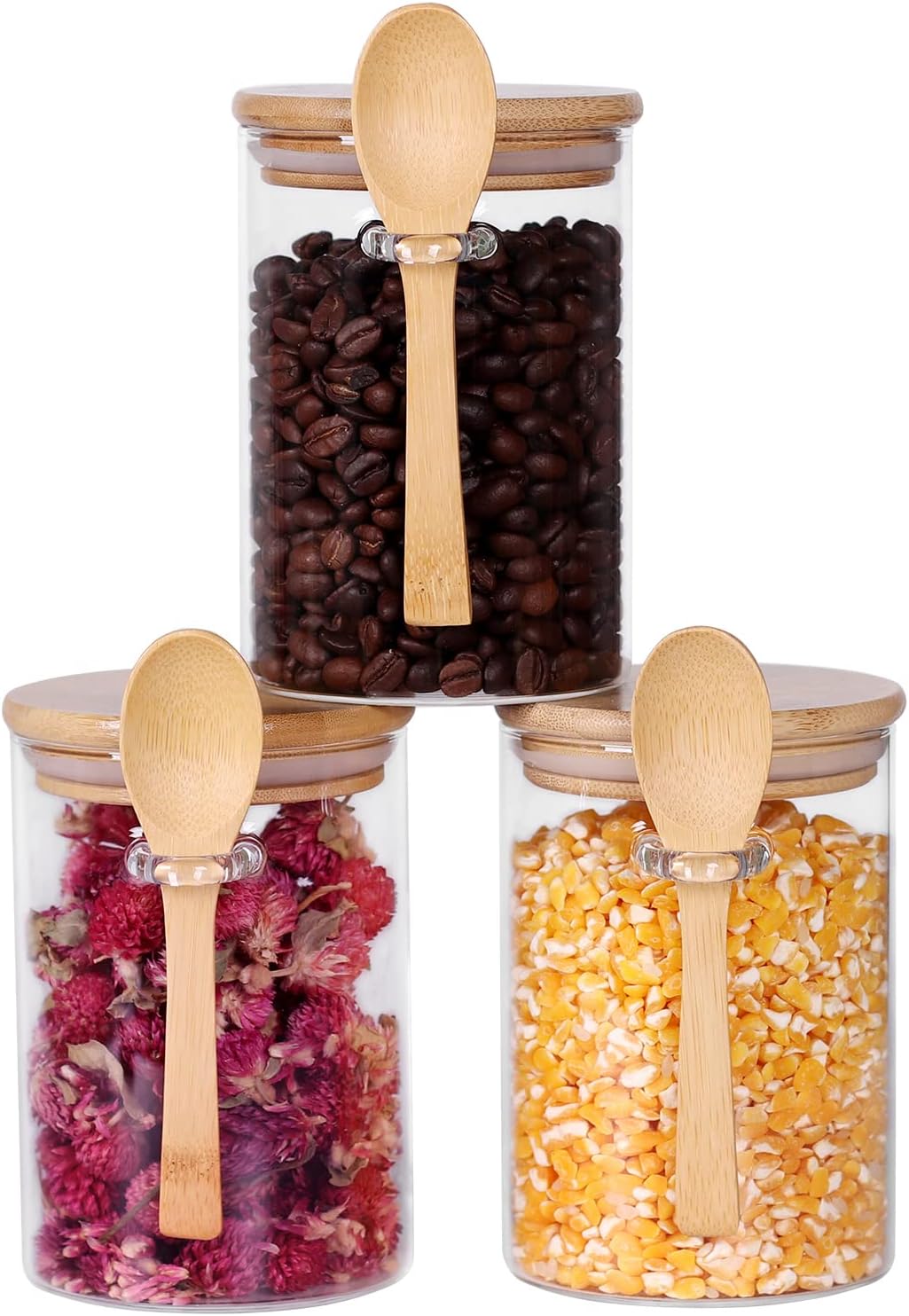 Glass Jar with Bamboo Lid and Spoon, 3 Pack 16 OZ Tea Containers for Loose Leaf Tea, Salt and Sugar Containers for Countertop, Yogurt Jars for Overnight Oatmeal