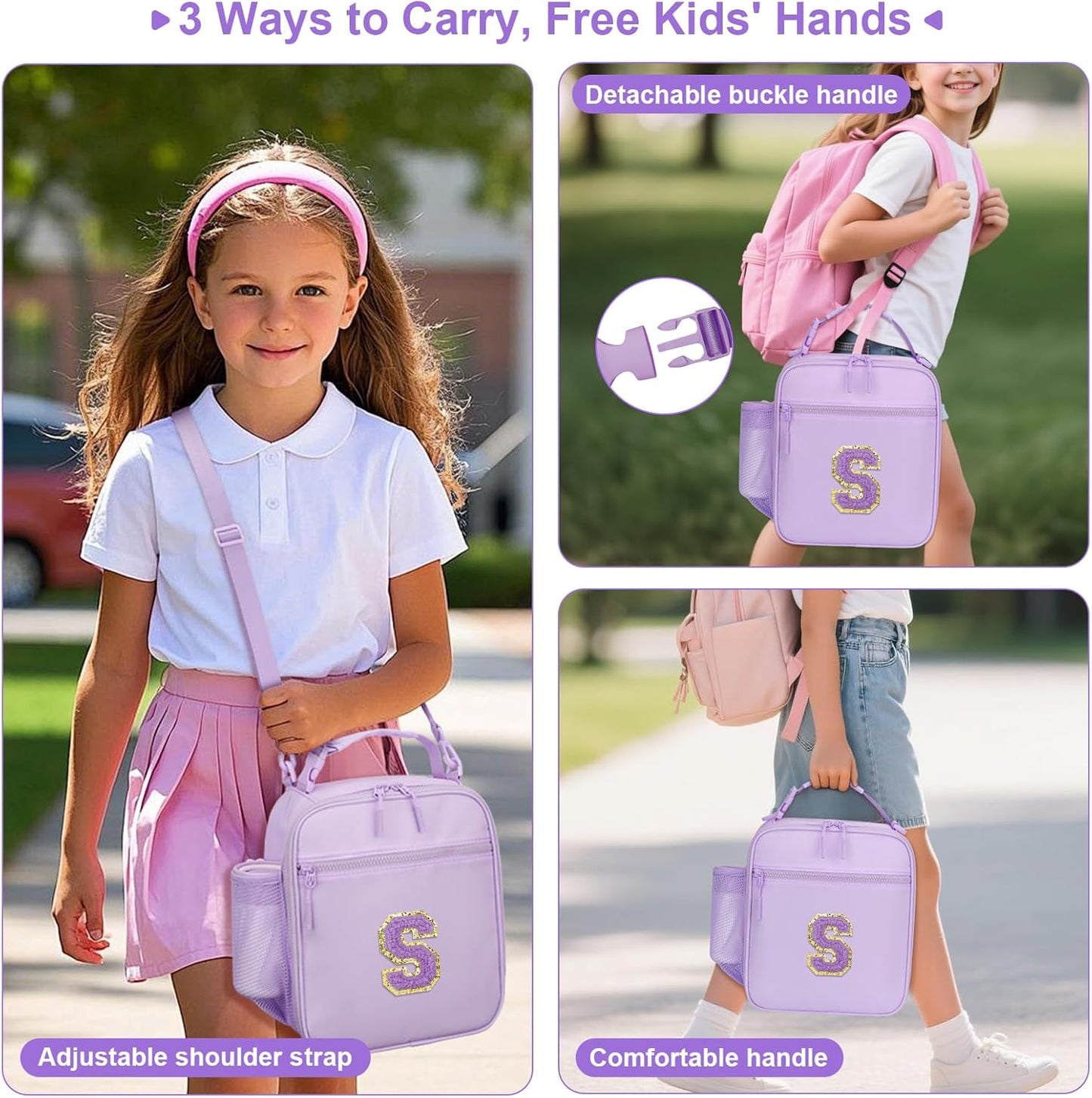 Initial Insulated Lunch Bag for Girls Kids, Back to School Gift, Reusable Leak-proof Lunch Box with Adjustable Strap for School Daycare Travel Picnic (Purple,S)