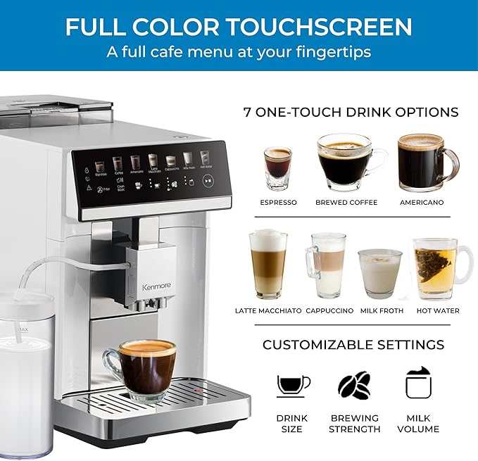 Kenmore Fully Automatic Coffee Maker - with Grinder, Milk Frother & Steamer, Auto Tamper, Descaler Expresso Machine, cafeteras electricas modernas machines For Home/Office White