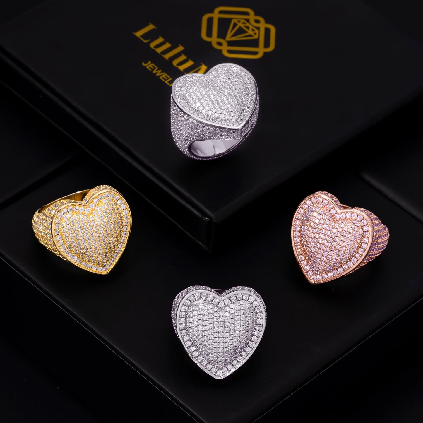 Iced Out Jewelry 5A Cz Stones Shiny Baguette Heart Engagement Gold Luxury Diamond Ring, Hip Hop Bling Bling 18K Gold Plated Party Pinky Ring Men Women (Gold, 7)