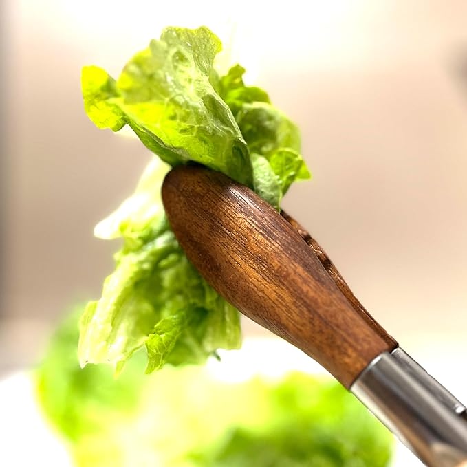 Lee's Clover Wooden Tongs for Cooking with Walnut Wood Tips & Stainless Steel Handle – Food & Kitchen Tongs for Serving, Salad, BBQ, Buffet, Grill (Small)