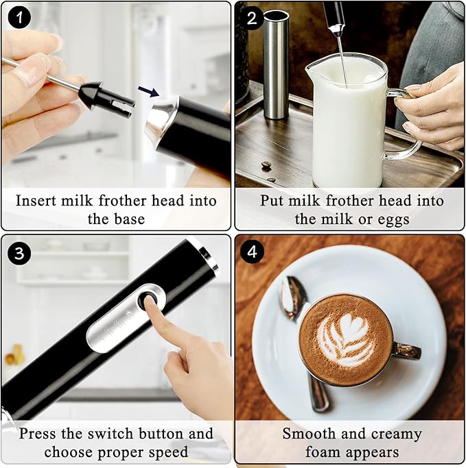 Electric Double Whisk Milk Frother Handheld Black USB Rechargeable Drink Mixer, 3 Speeds Adjustable Electric Whisk Foam Maker Detachable for Coffee, Lattes, Matcha, Hot Chocolate