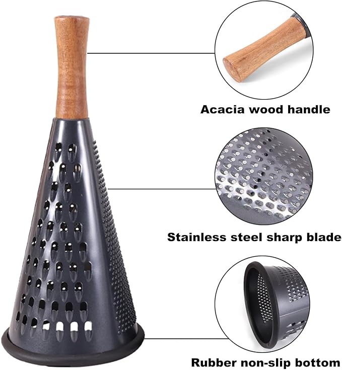 Cone Cheese Grater with Handle Stainless Steel Grater Triple Function Wood Handle Shredder Non-Slip Rubber Bottom Hand Held Multifunction Vegetables Grater Black 4-Size (Size S: 7.7" X 3.5" Black)
