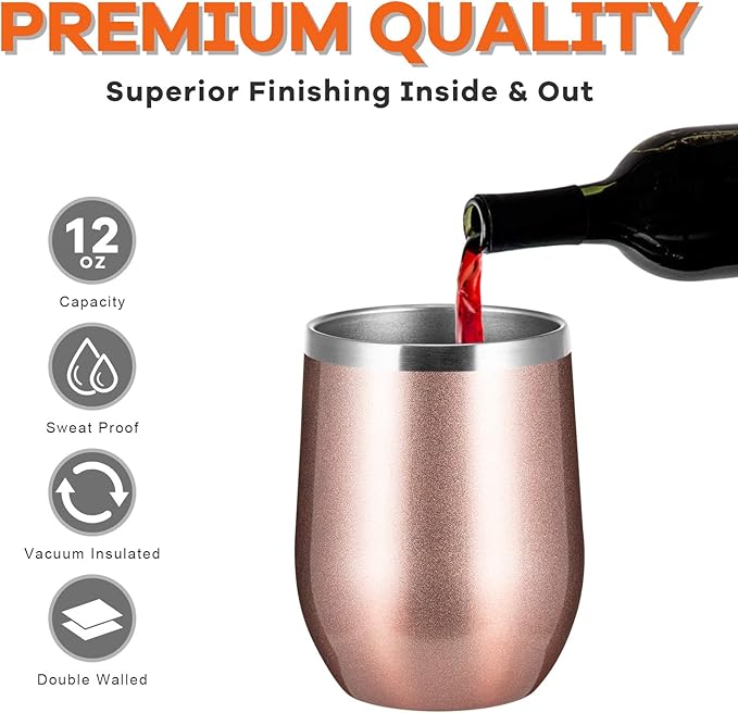 COMOOO Stainless Steel Wine Tumbler with Lid and Straw 12oz Double Wall Vacuum Insulated Travel Tumbler Cup for Coffee, Wine, Cocktails, Champagne (Black White Silver and Rose Gold, 16 Pack)