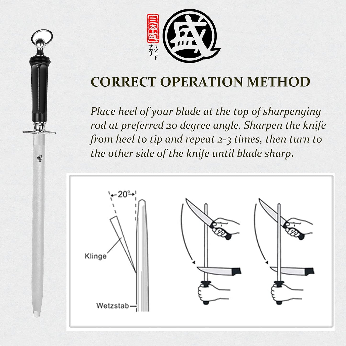 MITSUMOTO SAKARI 10 inch Japanese Honing Steel - Flat Diamond Knife Sharpening Rod, Professional High Carbon Sharpener with ABS Handle & Powerful Magnet