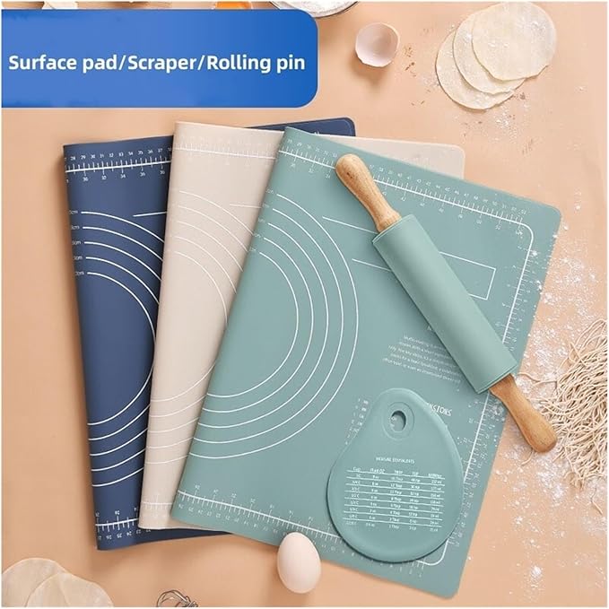 Silicone Measuring Kneading Pad Set Household Rolling Pin Dough Large Thick Non-slip Non-stick Bottom Baking Tool(Rolling pin green)
