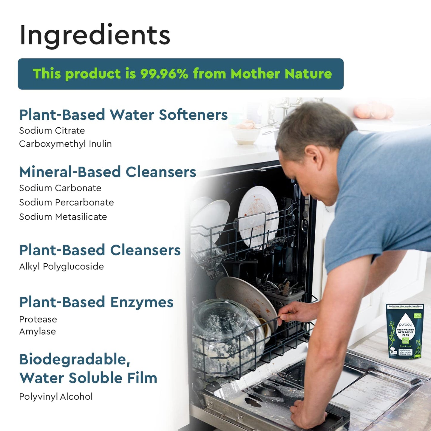 Puracy Dishwasher Pods, Natural Dishwasher Detergent, Free & Clear Dish tabs - Enzyme-Powered, Spot & Residue Free - TikTok Trend Items, Must Haves from TikTok Made Me Buy It (Free & Clear, 18 Count)